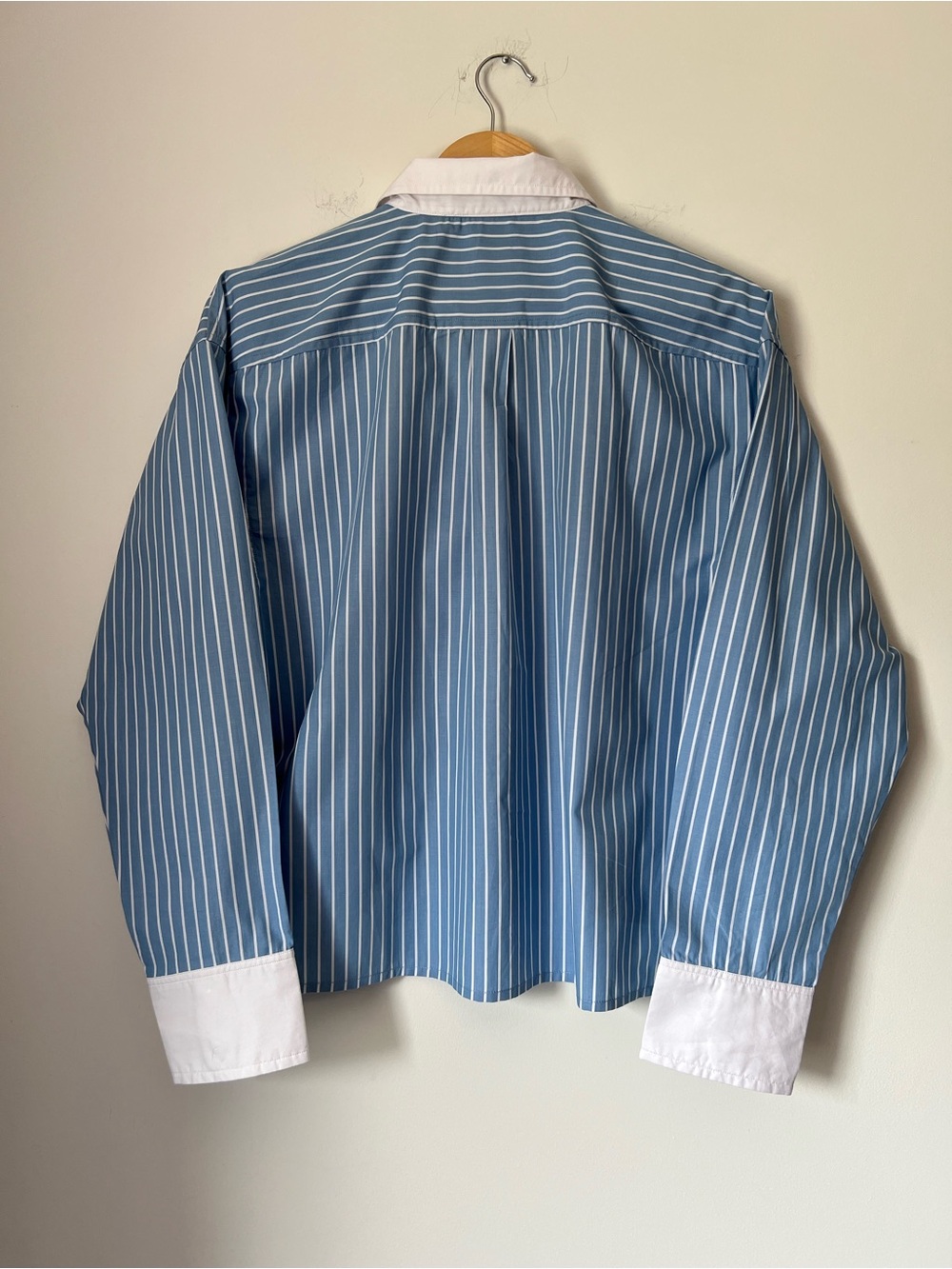 J. Crew Blue Pinstripe Button-Down Cropped Shirt White Collar Organic Cotton - Picture 8 of 12